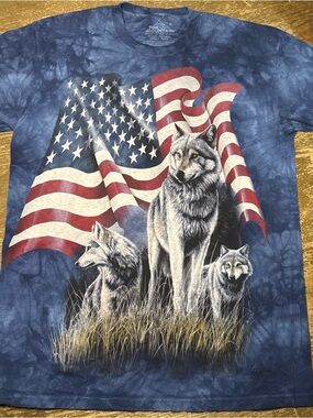 The Mountain Navy Tie-Dye Tee with Wolves & American Flag